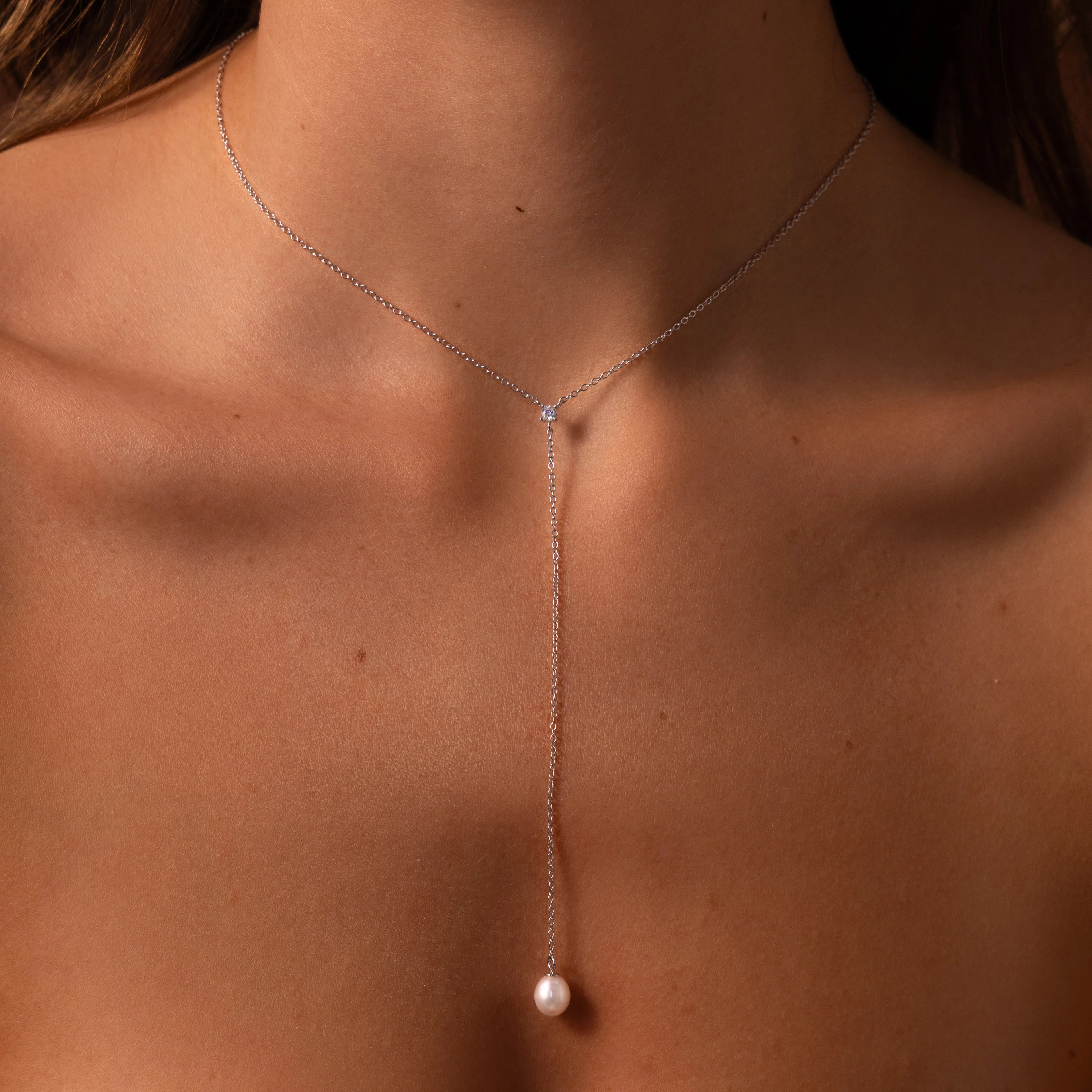 Diamond Pearl Drop Lariat Necklace  Silver 18K Gold Plated