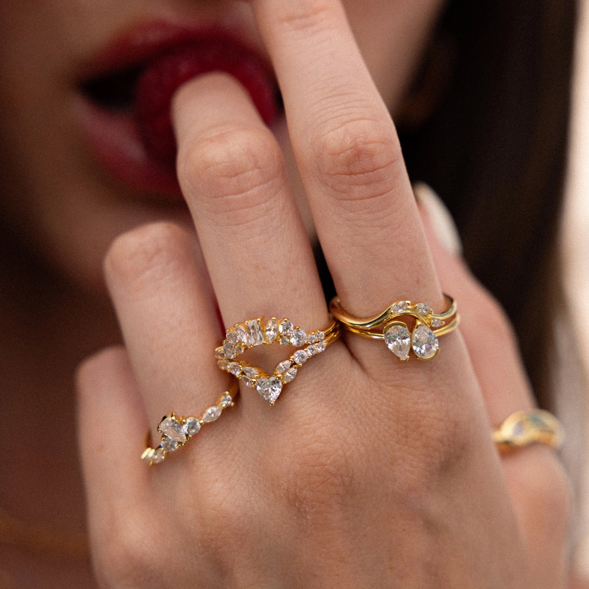 Pear & Marquise Diamond Curve Ring Silver 18K Gold Plated