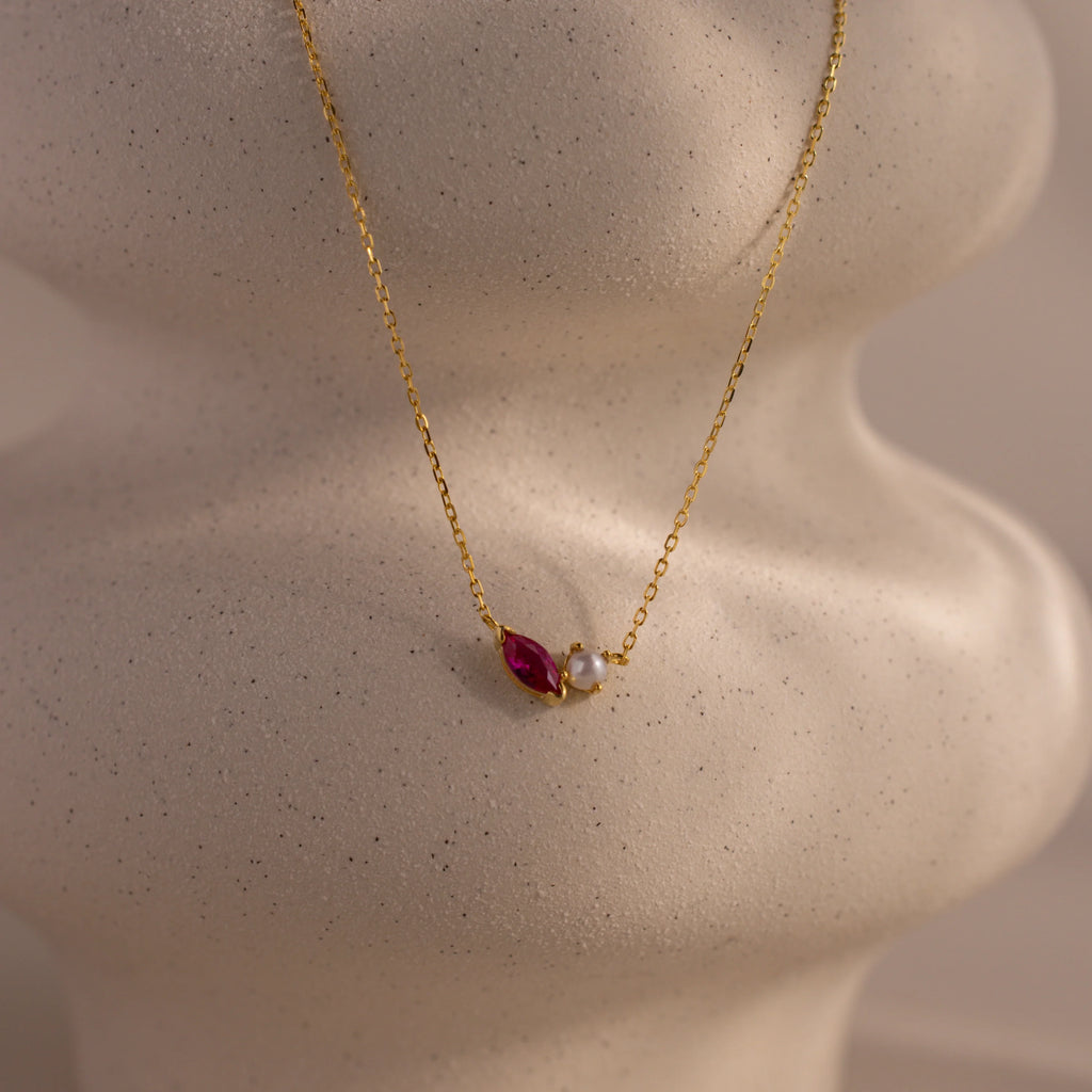 Marquise Ruby & Pearl Necklace Silver 18K Gold Plated