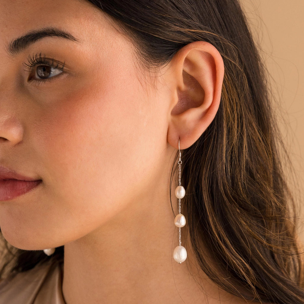 Long Pearl Dangle Earrings Silver 18K Gold Plated