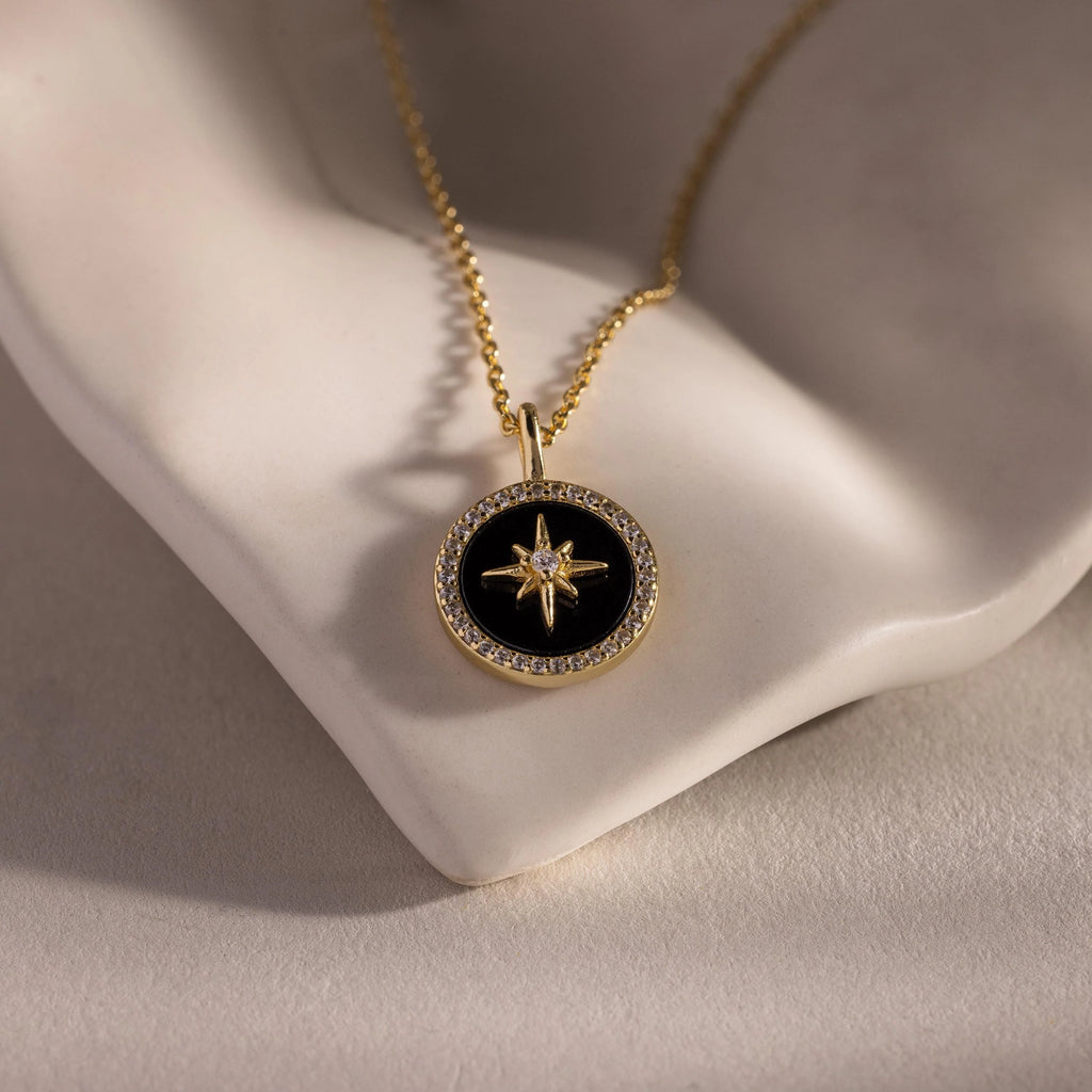 Diamonds Onyx Star Pendant Necklace Silver 18K Gold Plated
