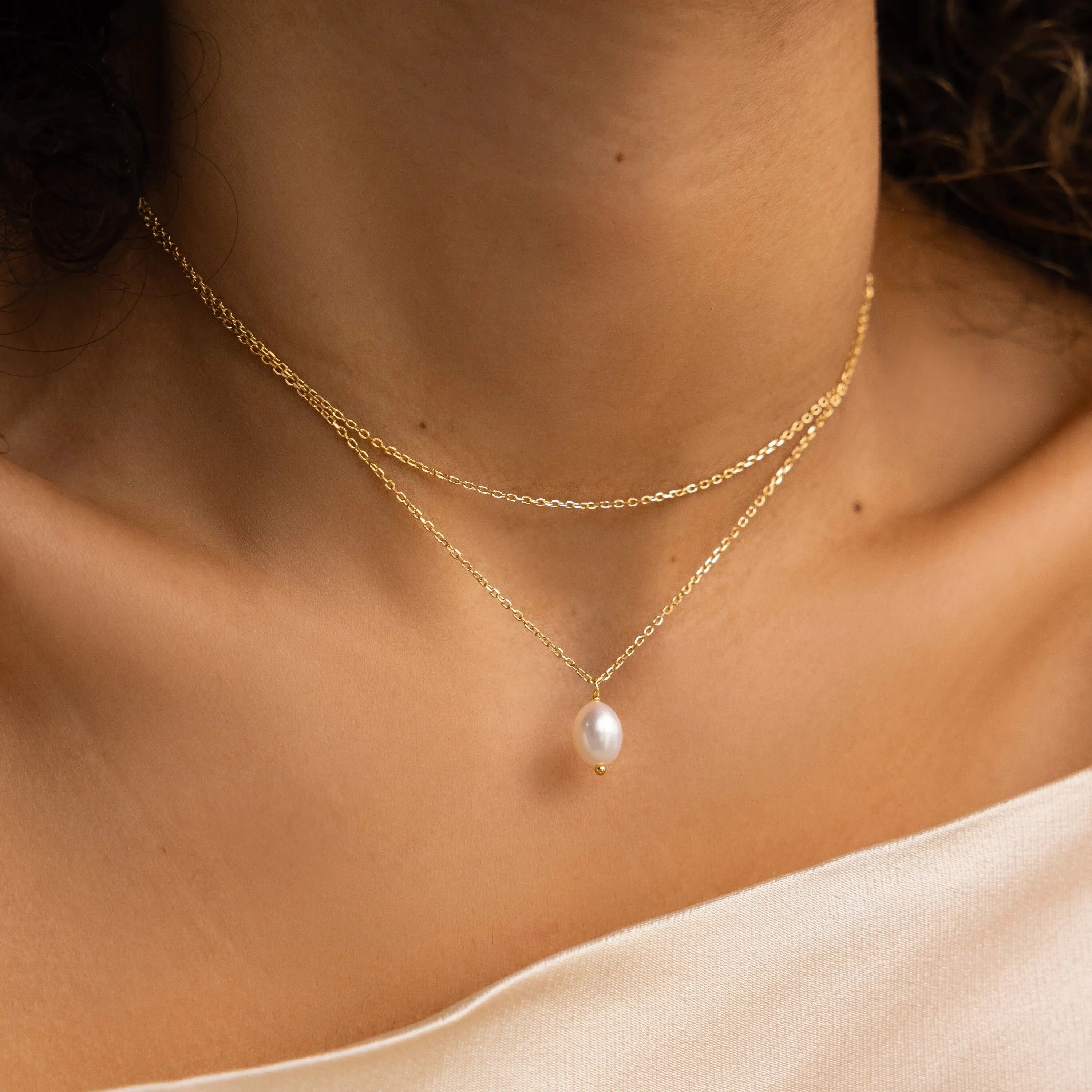 Duo Chain Pearl Necklace Silver 18K Gold Plated