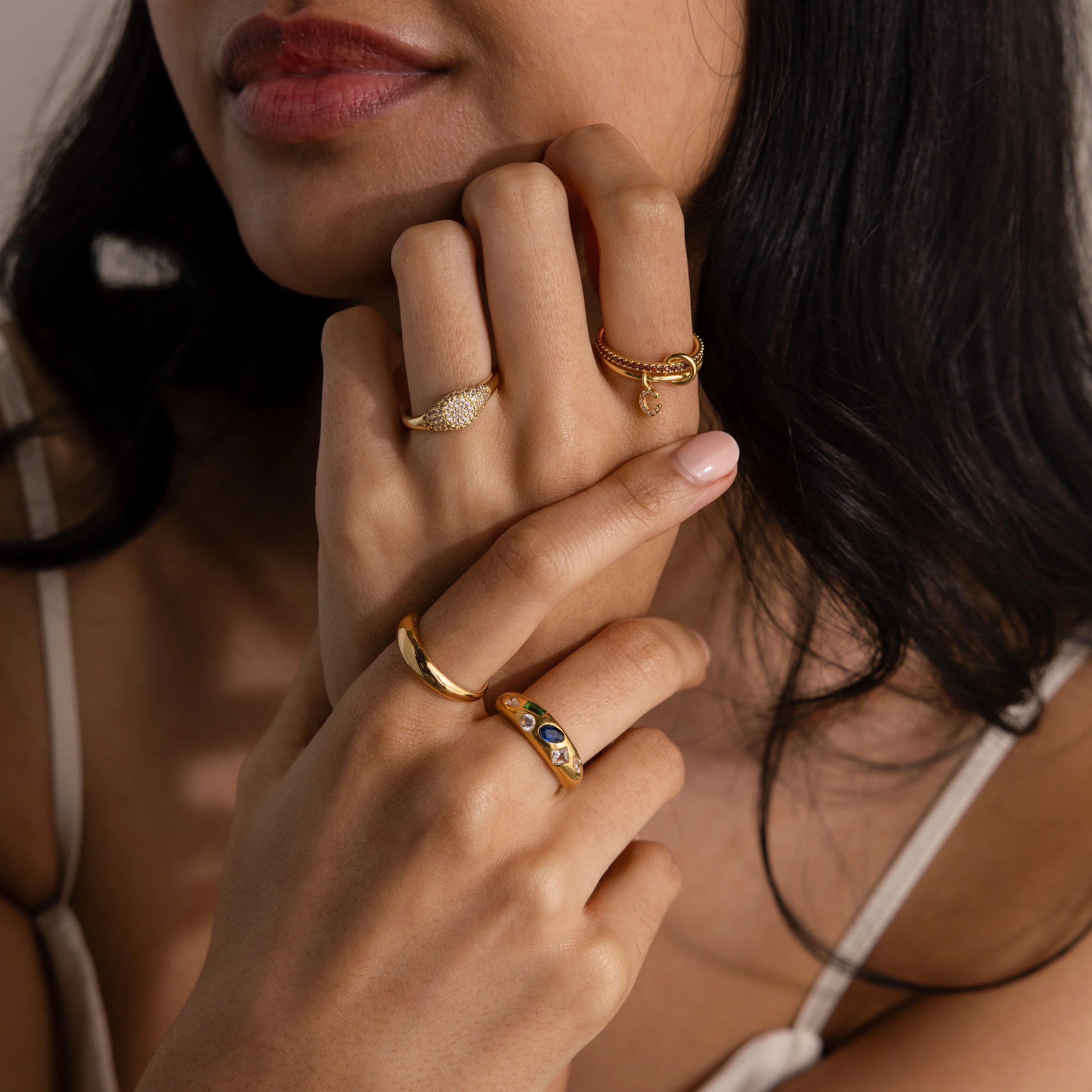 Initial Ruby Linked Ring Set Silver 18K Gold Plated