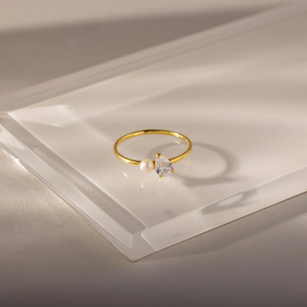 Teardrop Stone & Pearl Ring Silver 18K Gold Plated