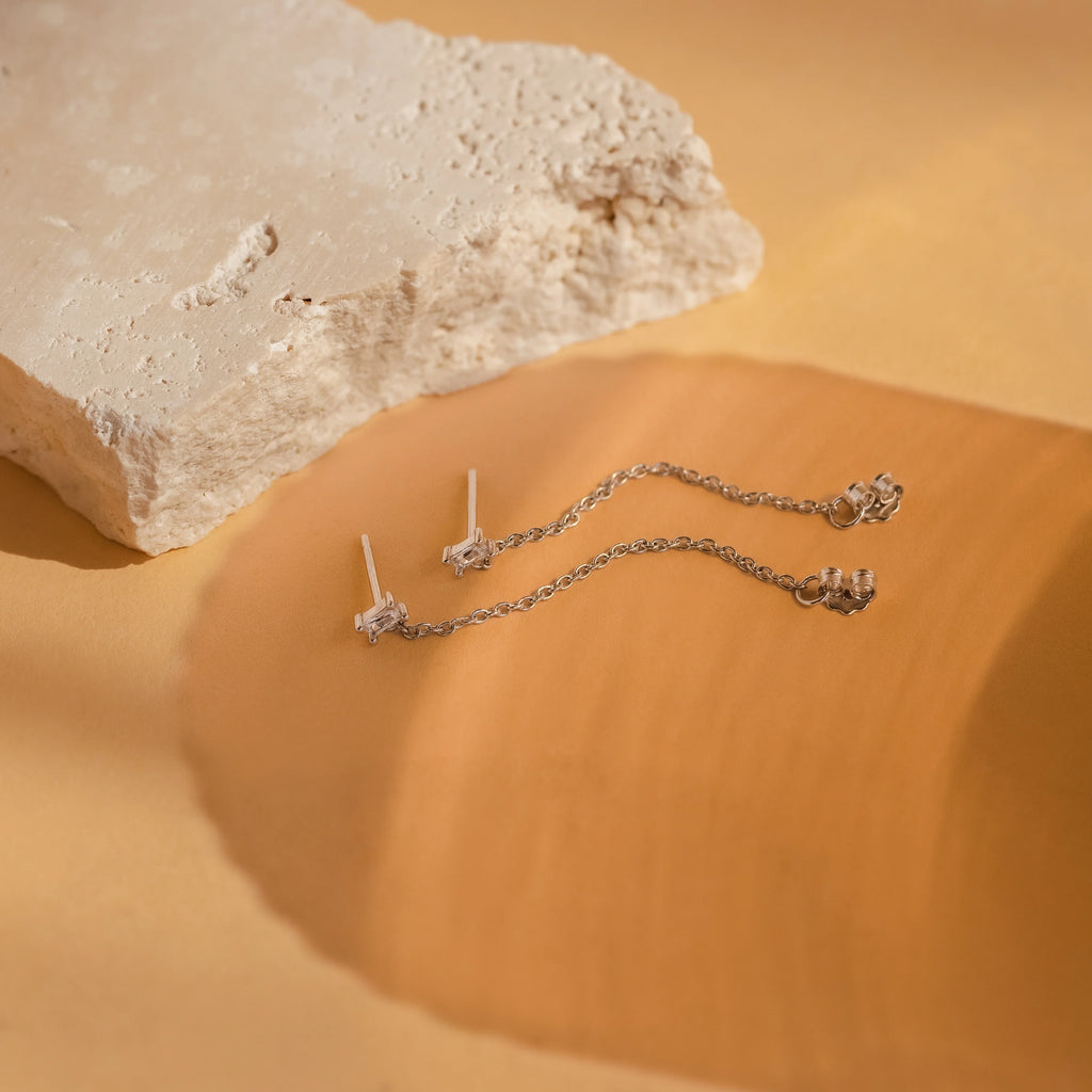 Diamond Baguette Chain Studs Silver 18K Gold Plated
