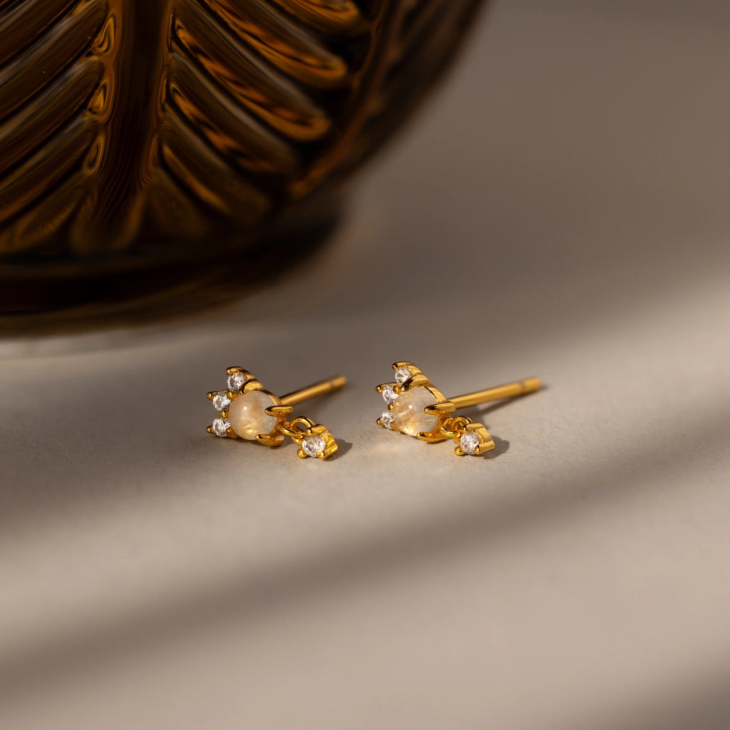 Diamonds Moonstone Drop Studs Silver 18K Gold Plated