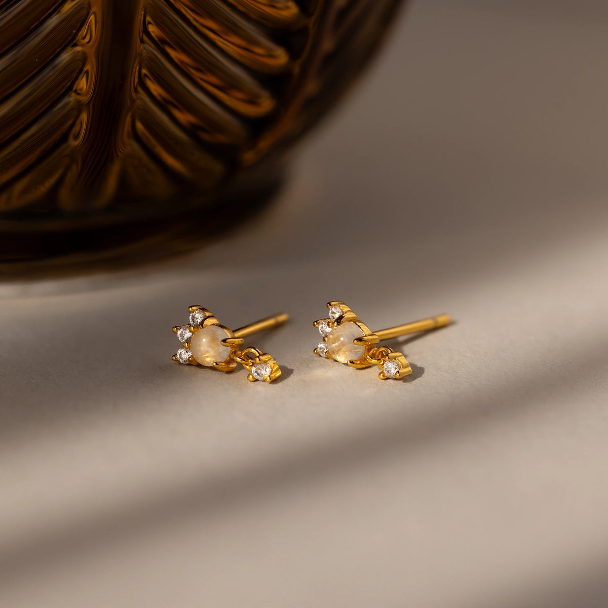 Diamonds Moonstone Drop Studs Silver 18K Gold Plated