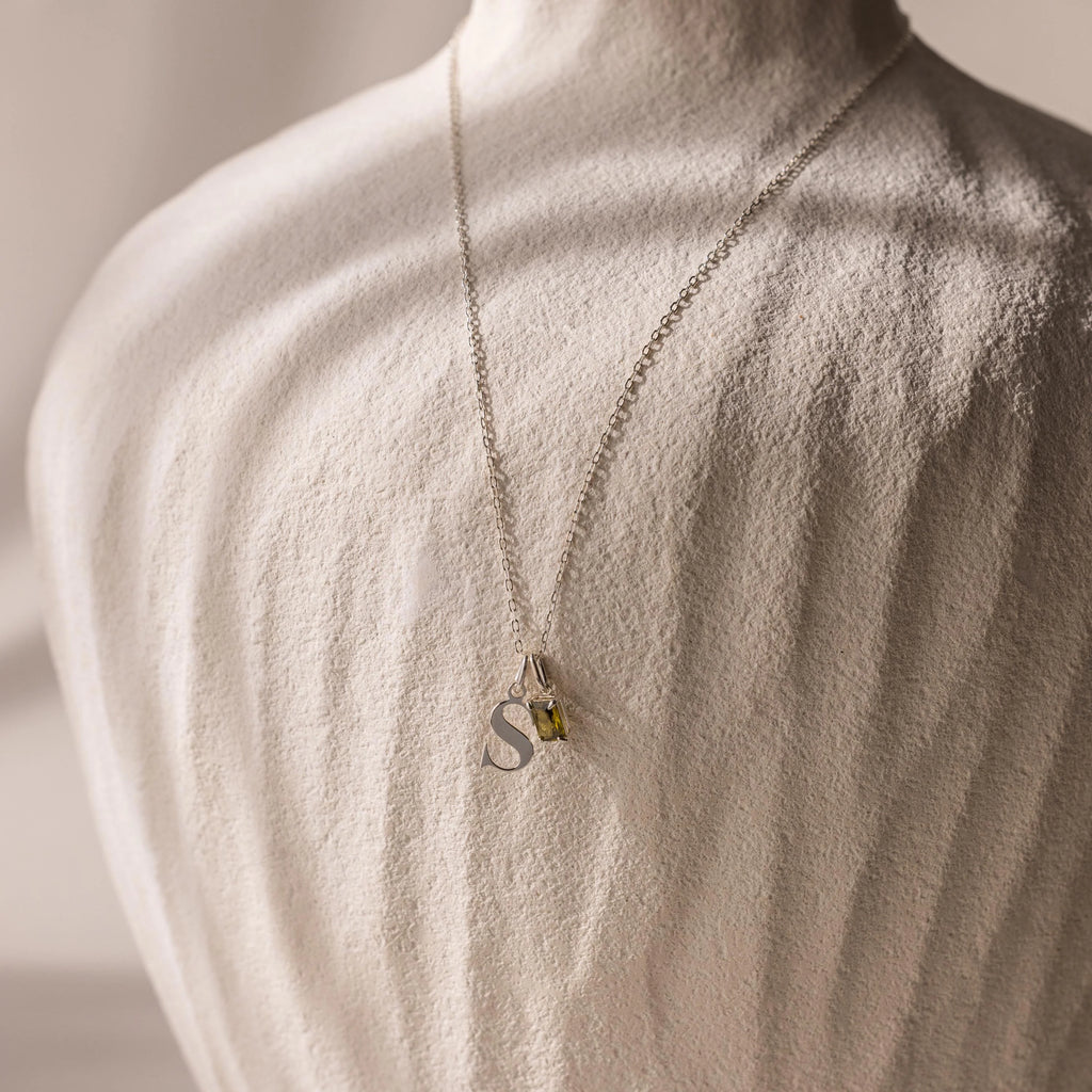 Initial Birthstone Charm Necklace Silver 18K Gold Plated