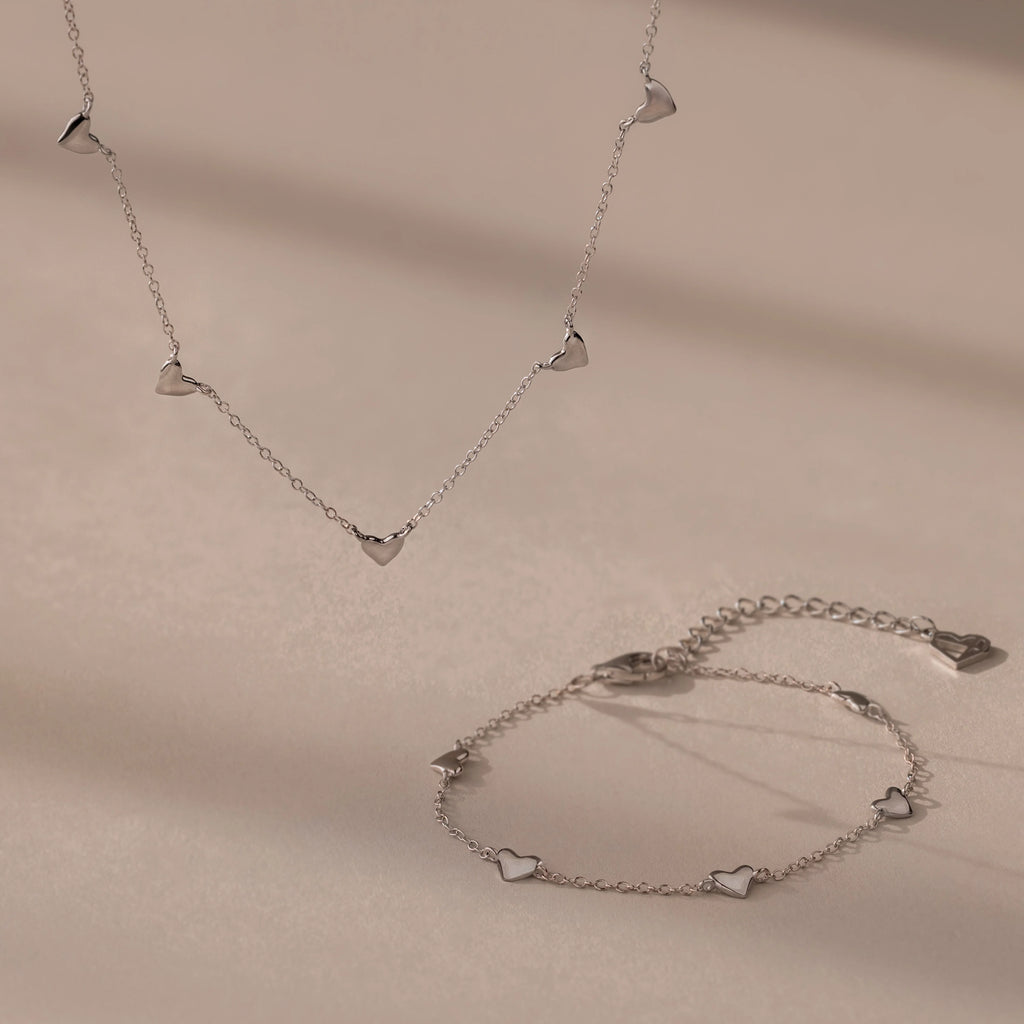 Heart Station Necklace & Bracelet Set Silver 18K Gold Plated