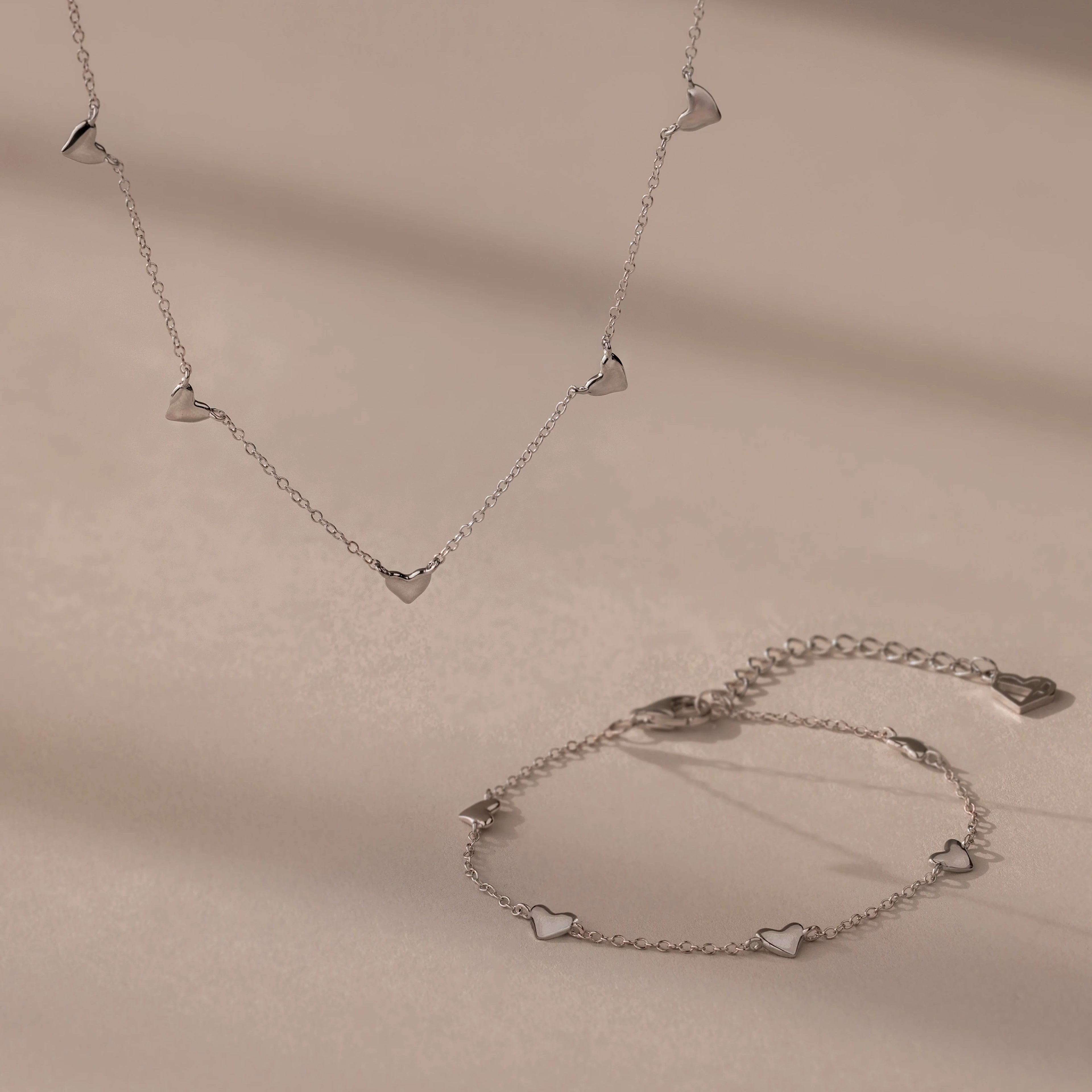 Heart Station Necklace & Bracelet Set Silver 18K Gold Plated