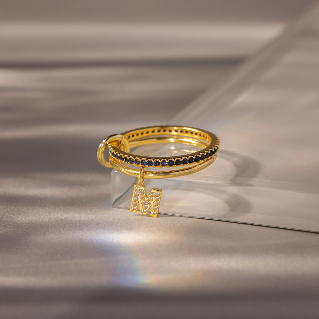 Birthstone Initial Linked Ring Set Silver 18K Gold Plated