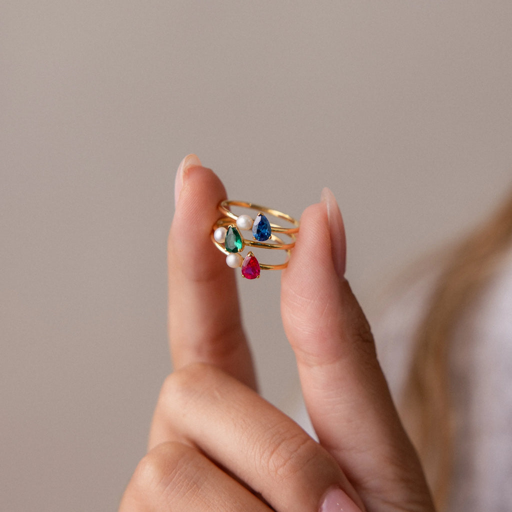 Teardrop Sapphire & Pearl Ring Silver 18K Gold Plated