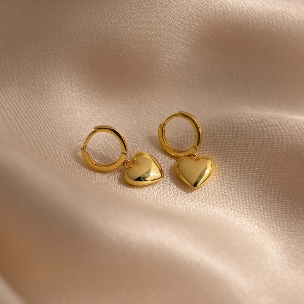 Puff Heart Charm Huggies Silver 18K Gold Plated