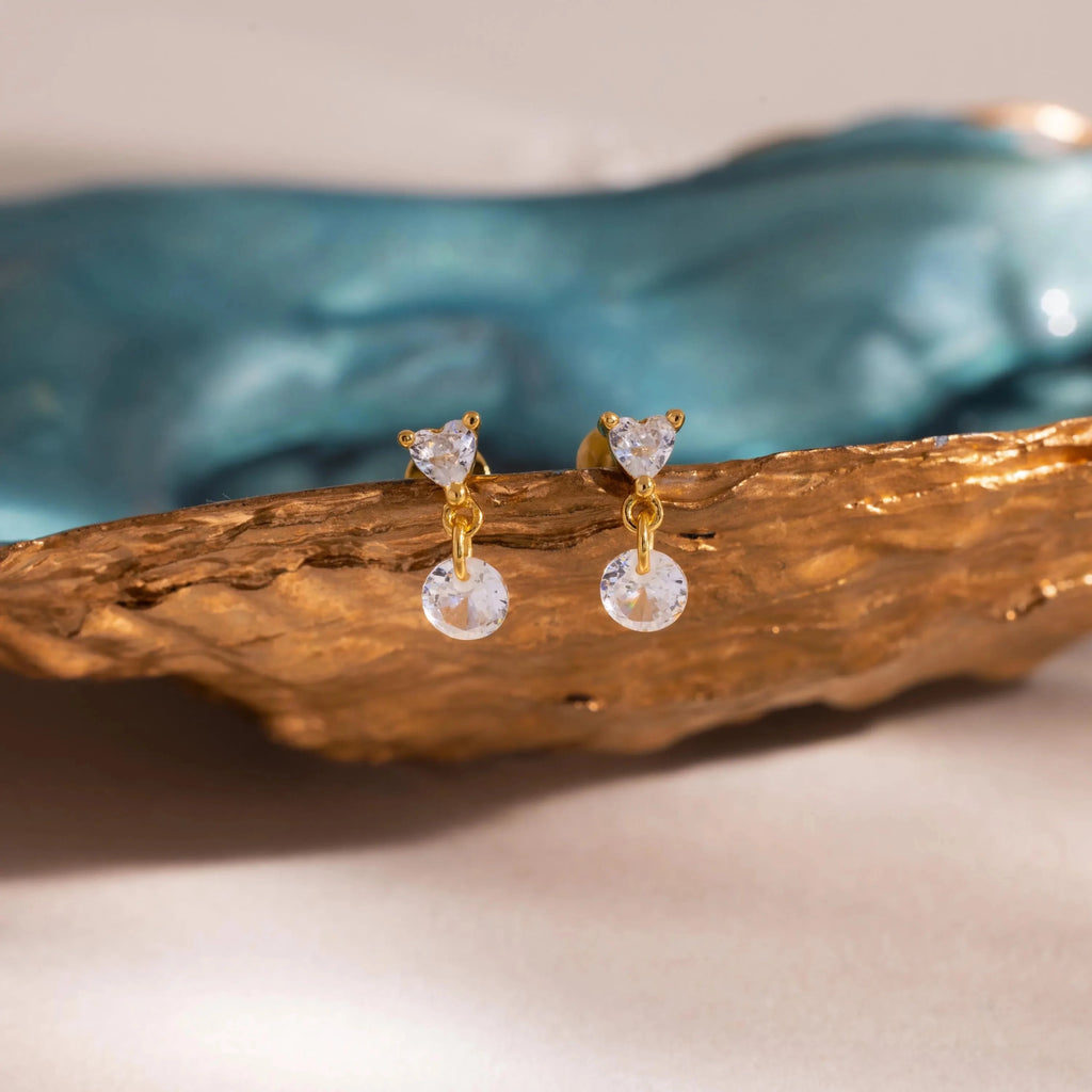 Diamonds Heart Drop Flatback Studs Silver 18K Gold Plated