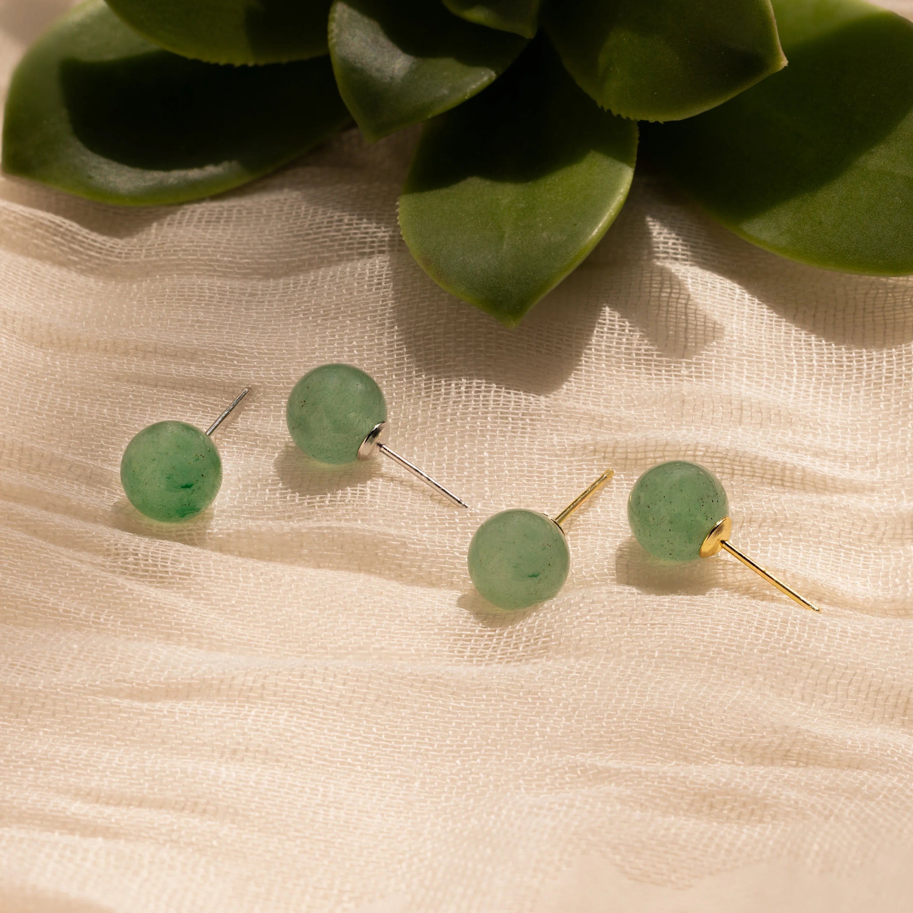 Jade Bead Studs Silver 18K Gold Plated
