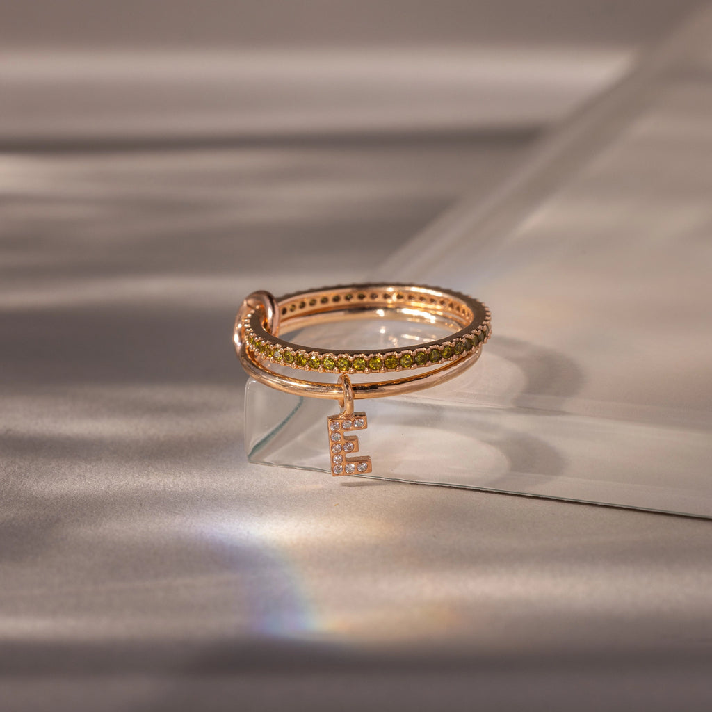 Peridot Initial Linked Ring Set Silver 18K Gold Plated
