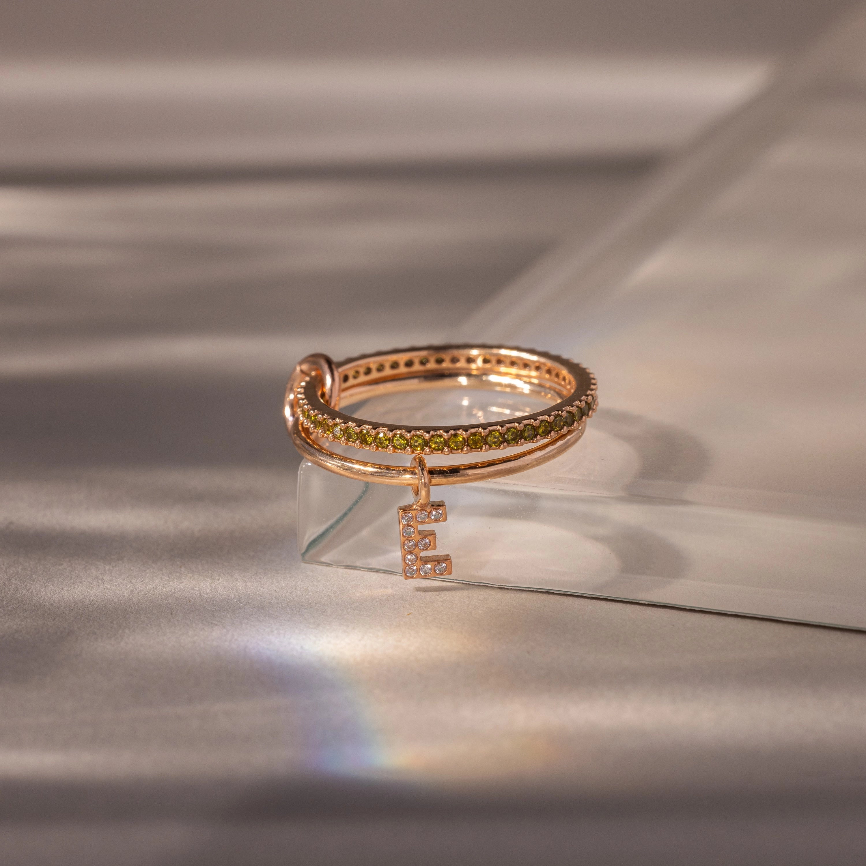 Peridot Initial Linked Ring Set Silver 18K Gold Plated