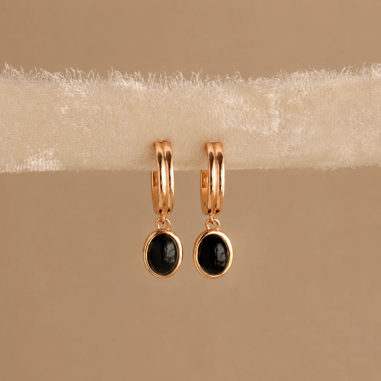 Black Gemstone Drop Hoop Earrings