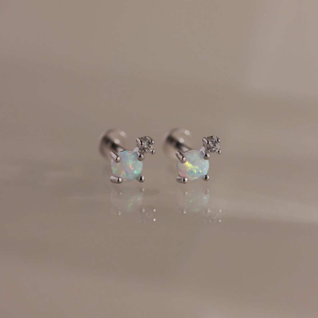 Opal & Diamond Flatback Studs Silver 18K Gold Plated