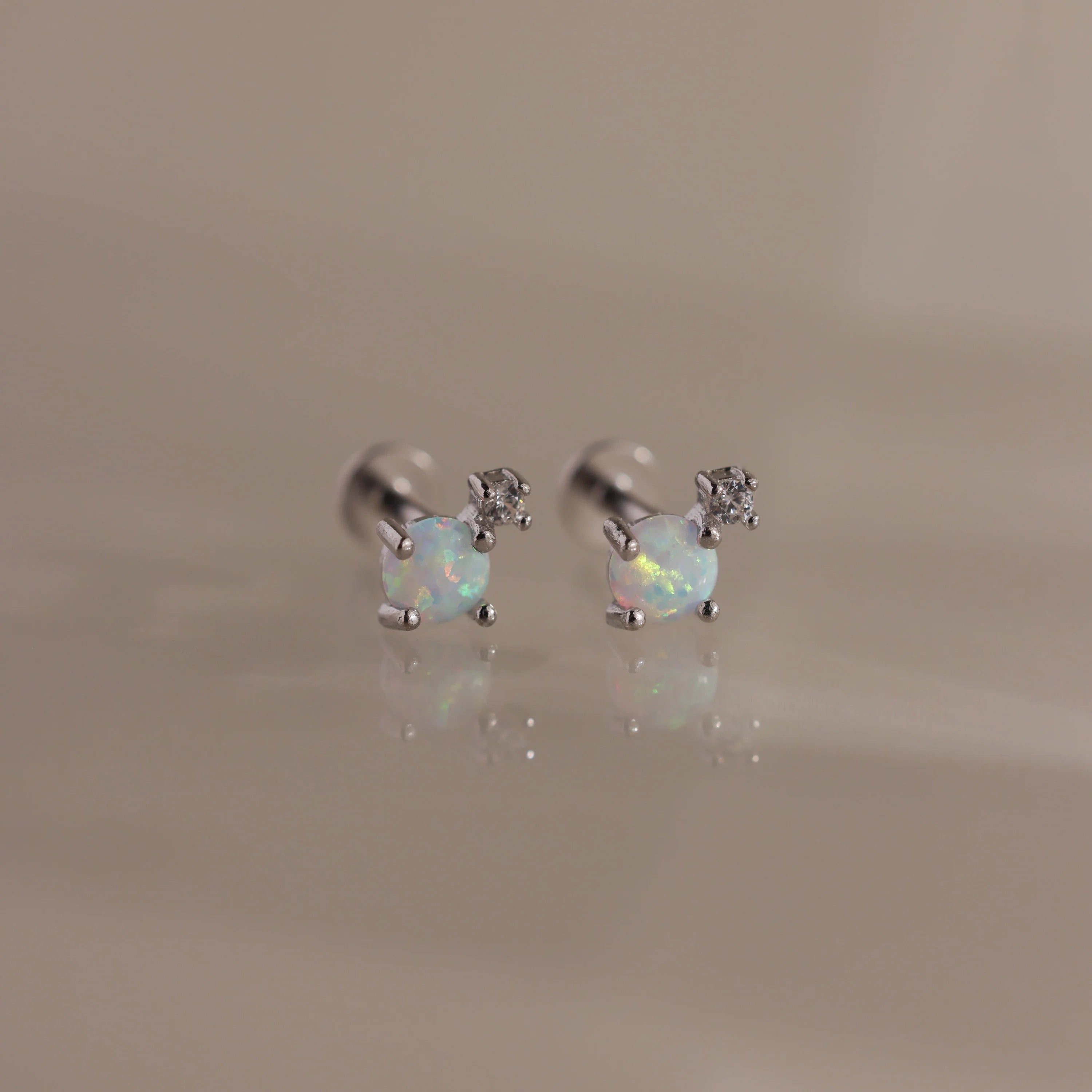 Opal & Diamond Flatback Studs Silver 18K Gold Plated