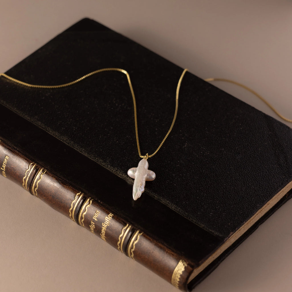 Baroque Pearl Cross Necklace Silver 18K Gold Plated