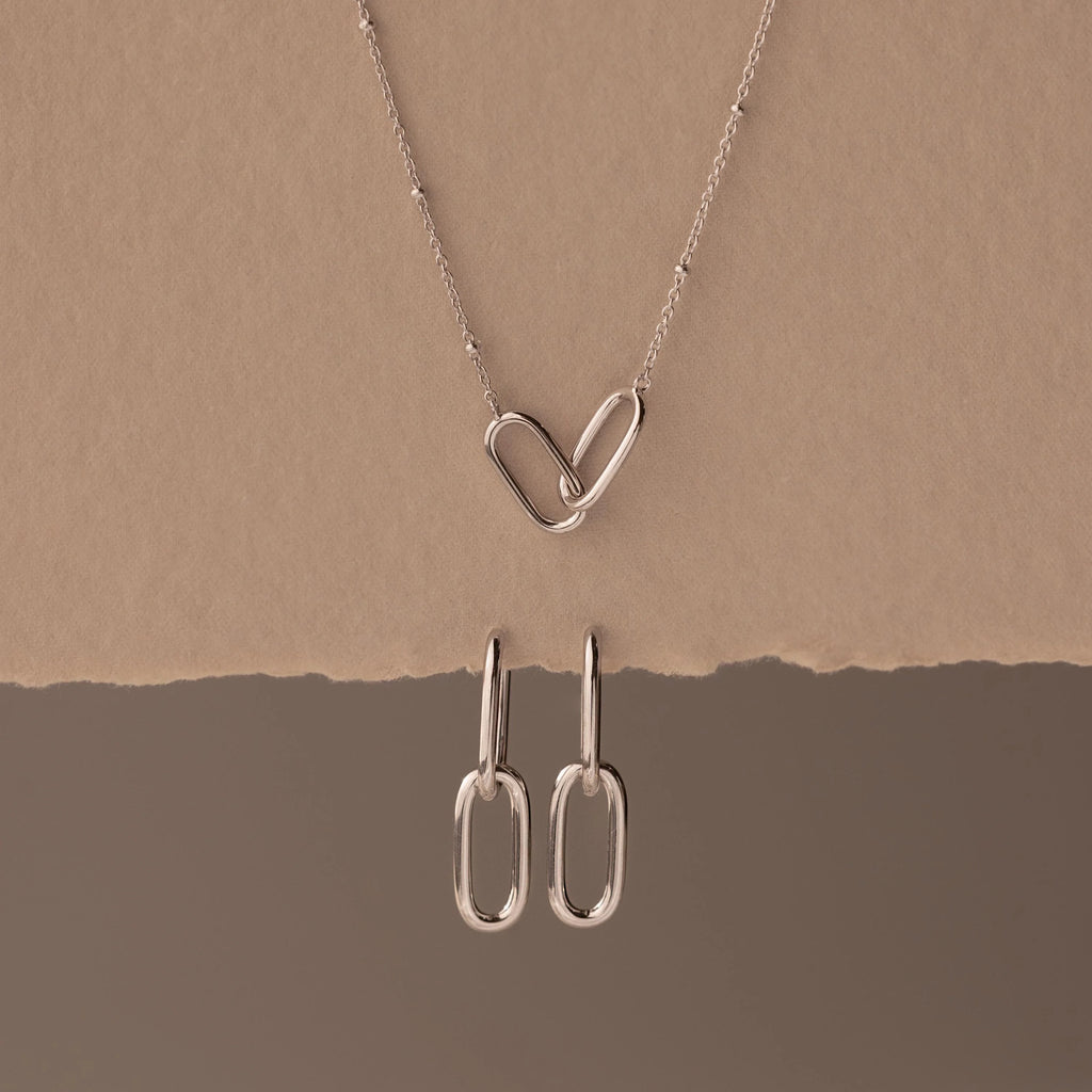 Linked Charm Necklace and Earrings Set Silver 18K Gold Plated