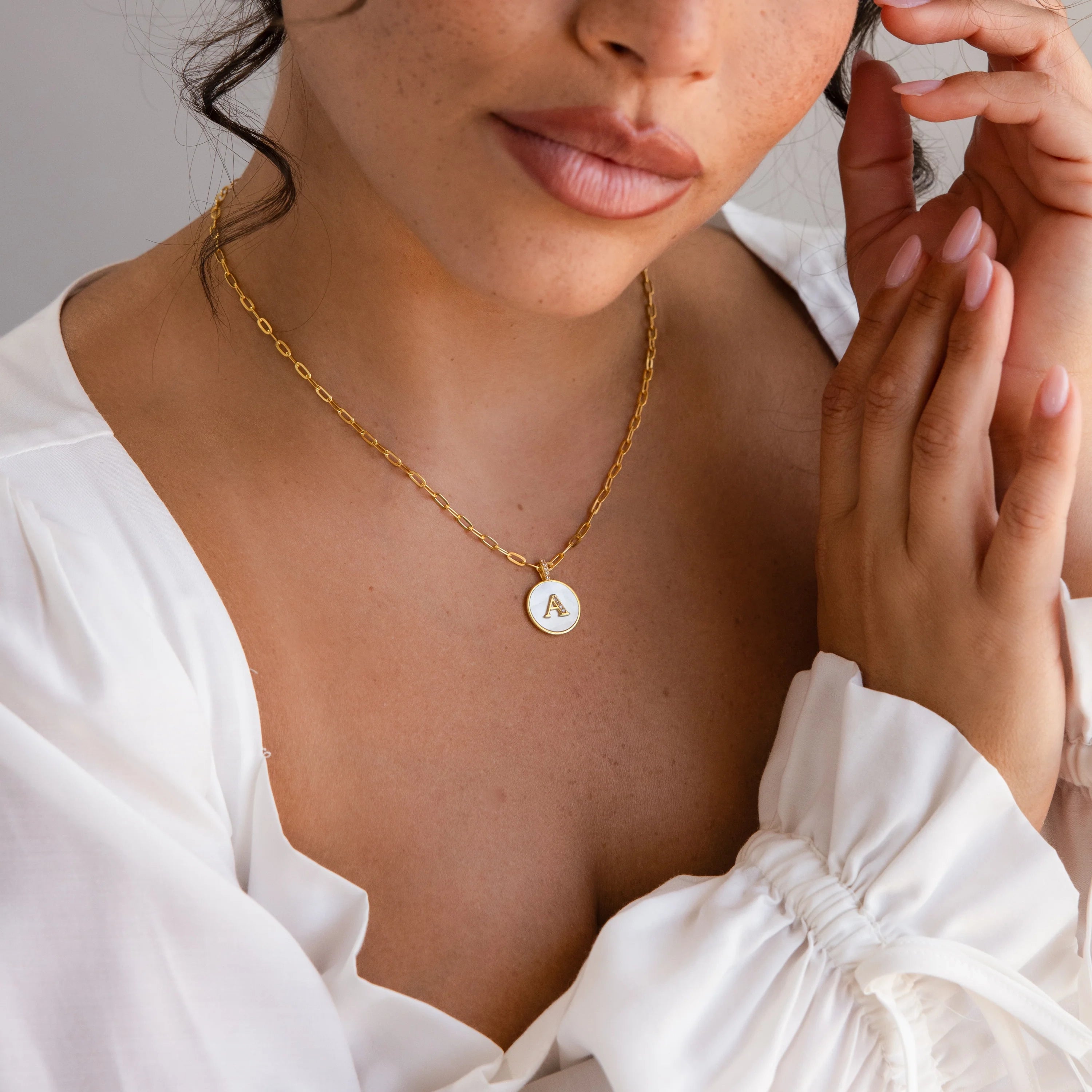 Pearl Initial Disc Necklace  Silver 18K Gold Plated