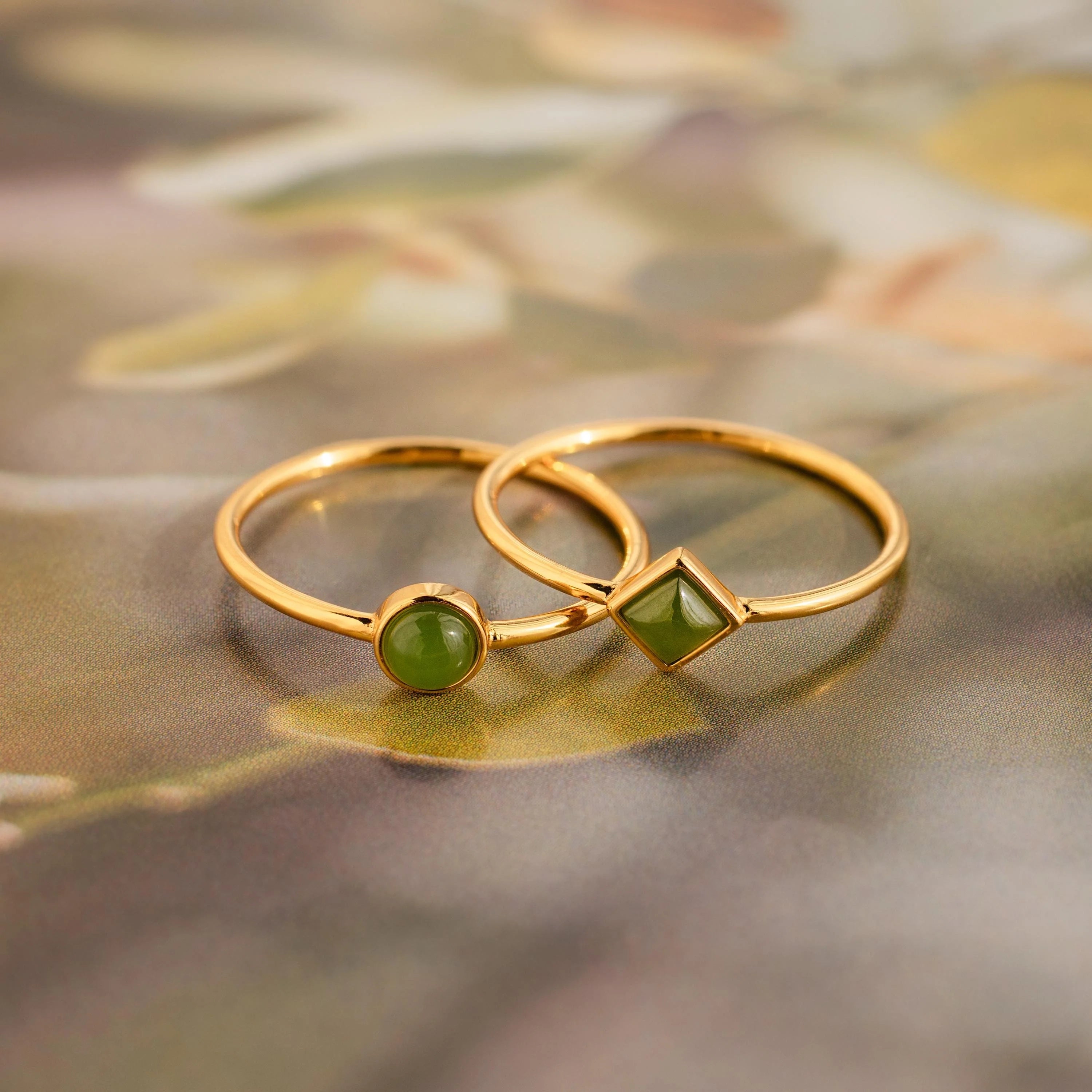Dainty Jade Ring Set Silver 18K Gold Plated