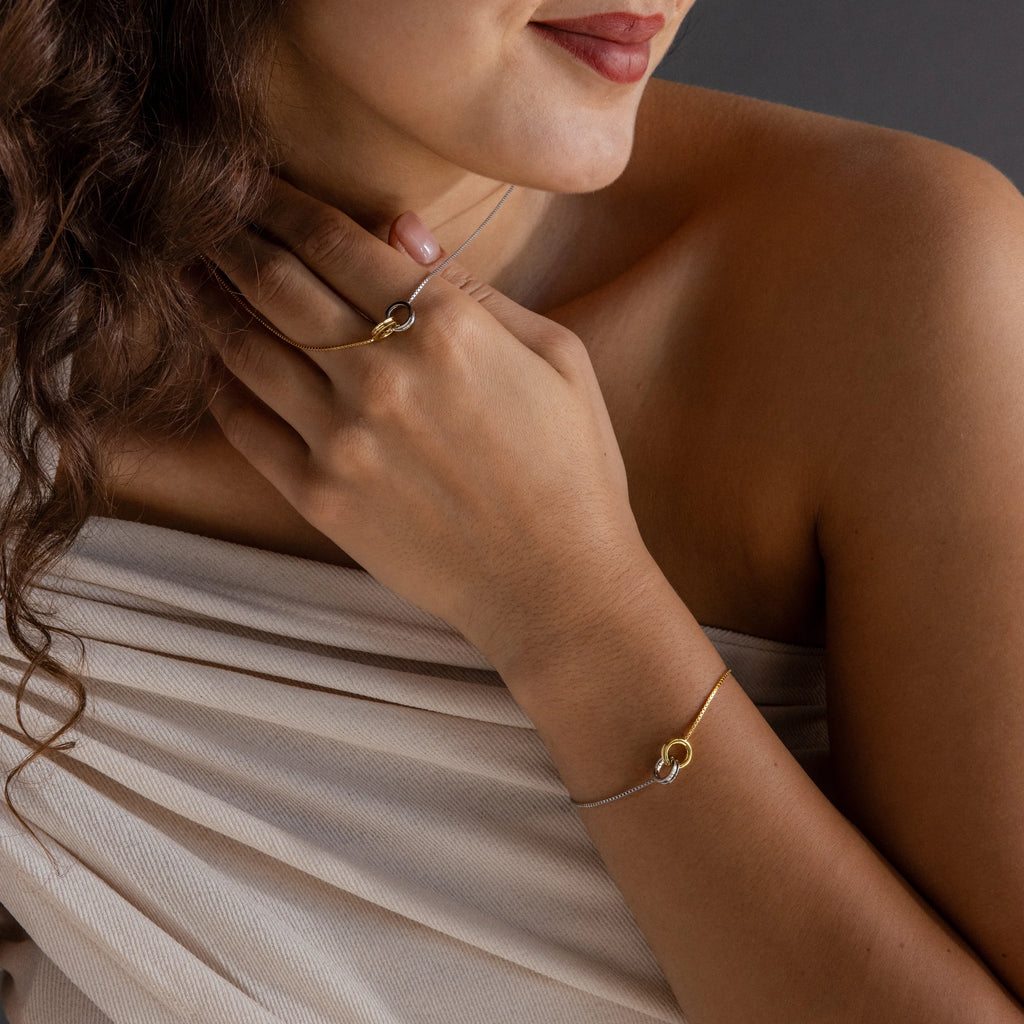 Interlocking Circles Necklace and Bracelet Set Silver 18K Gold Plated