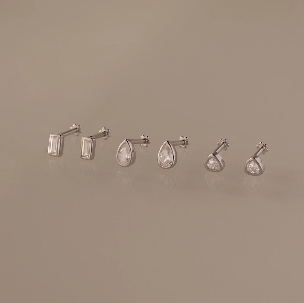 Diamond Bezel Flatback Studs Set Silver 18K Gold Plated