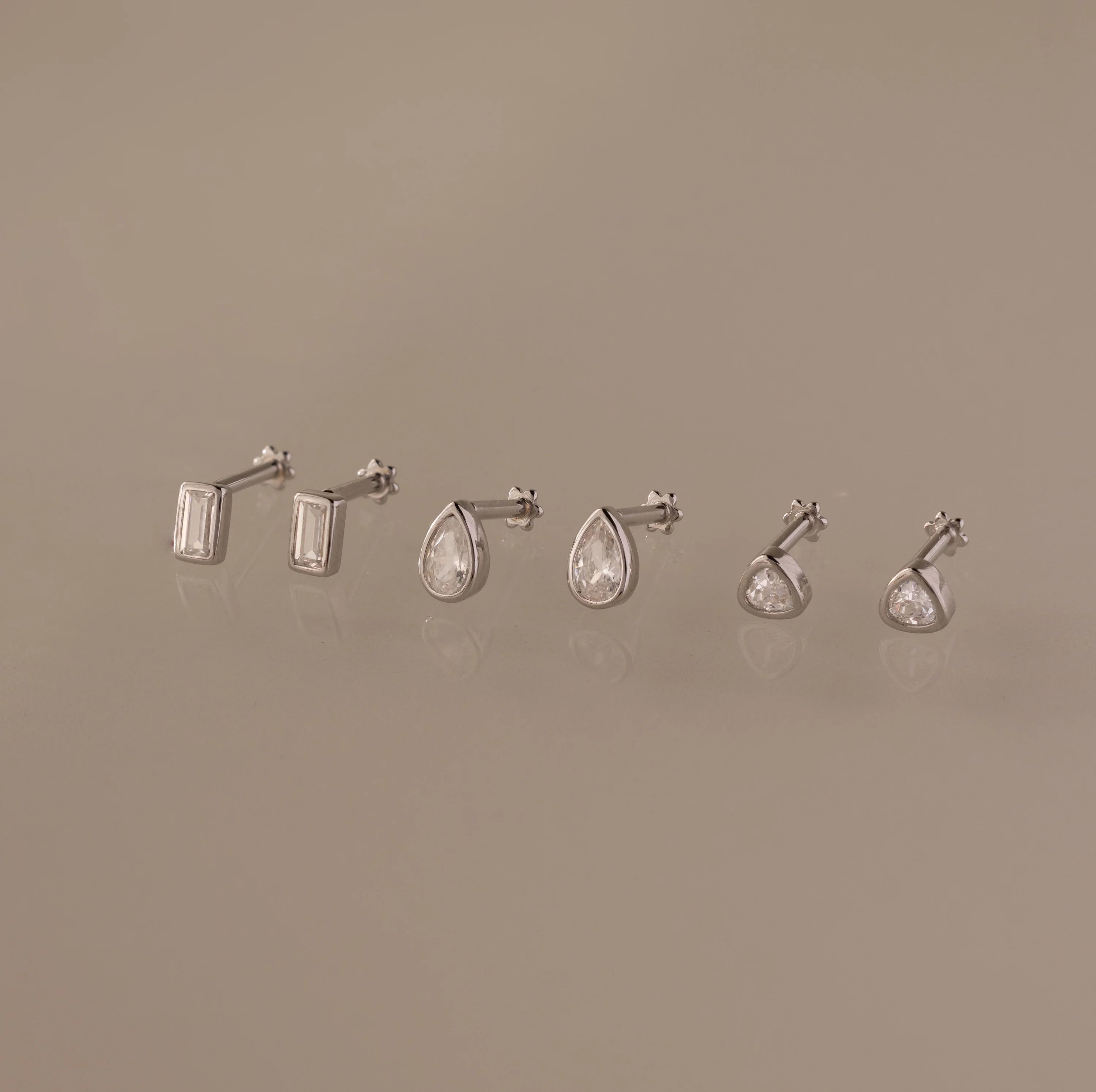 Diamond Bezel Flatback Studs Set Silver 18K Gold Plated