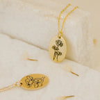 Oval Birth Flower Necklace Silver 18K Gold Plated