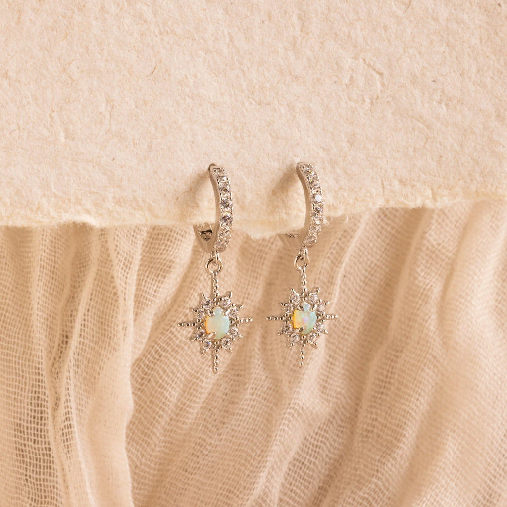 Pave Diamond Opal Star Huggies Silver 18K Gold Plated
