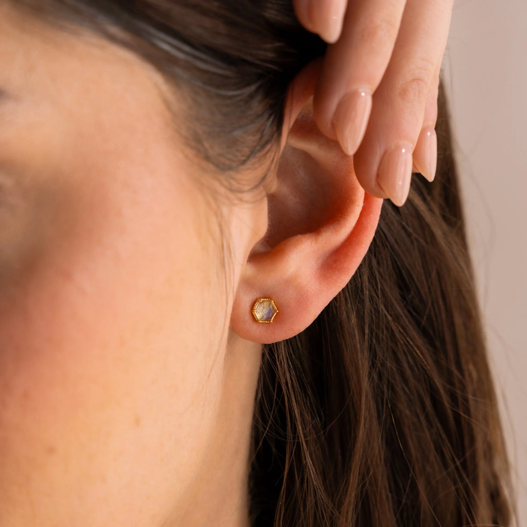 Labradorite Hexagon Studs Silver 18K Gold Plated