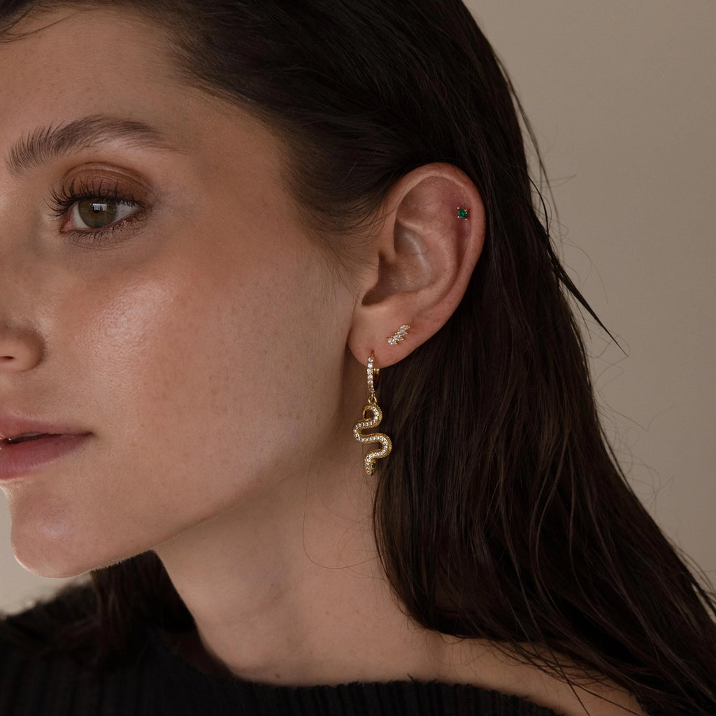Pave Snake Charm Hoops Silver 18K Gold Plated