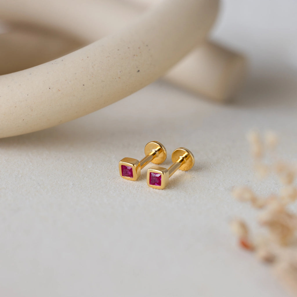Ruby Square Bezel Flatback Studs Silver 18K Gold Plated