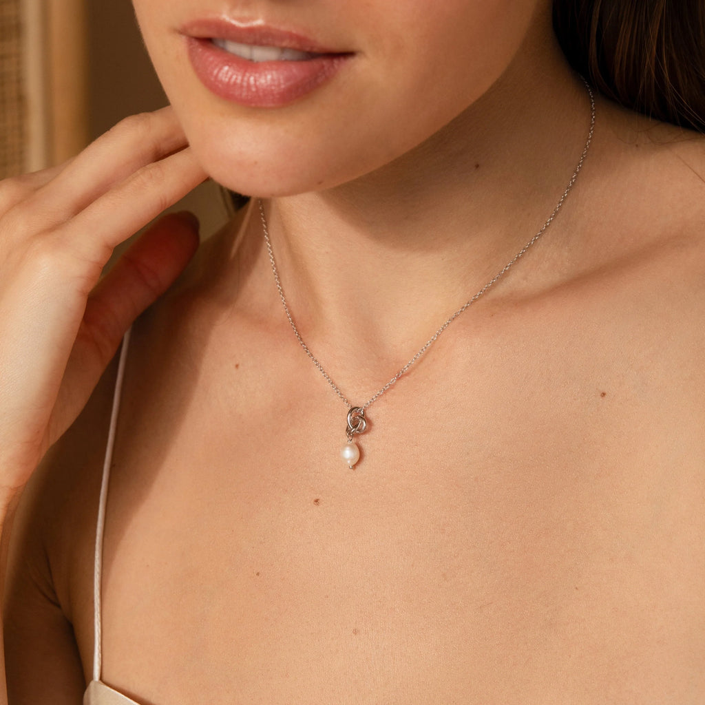 Dainty Knot Pearl Necklace Silver 18K Gold Plated