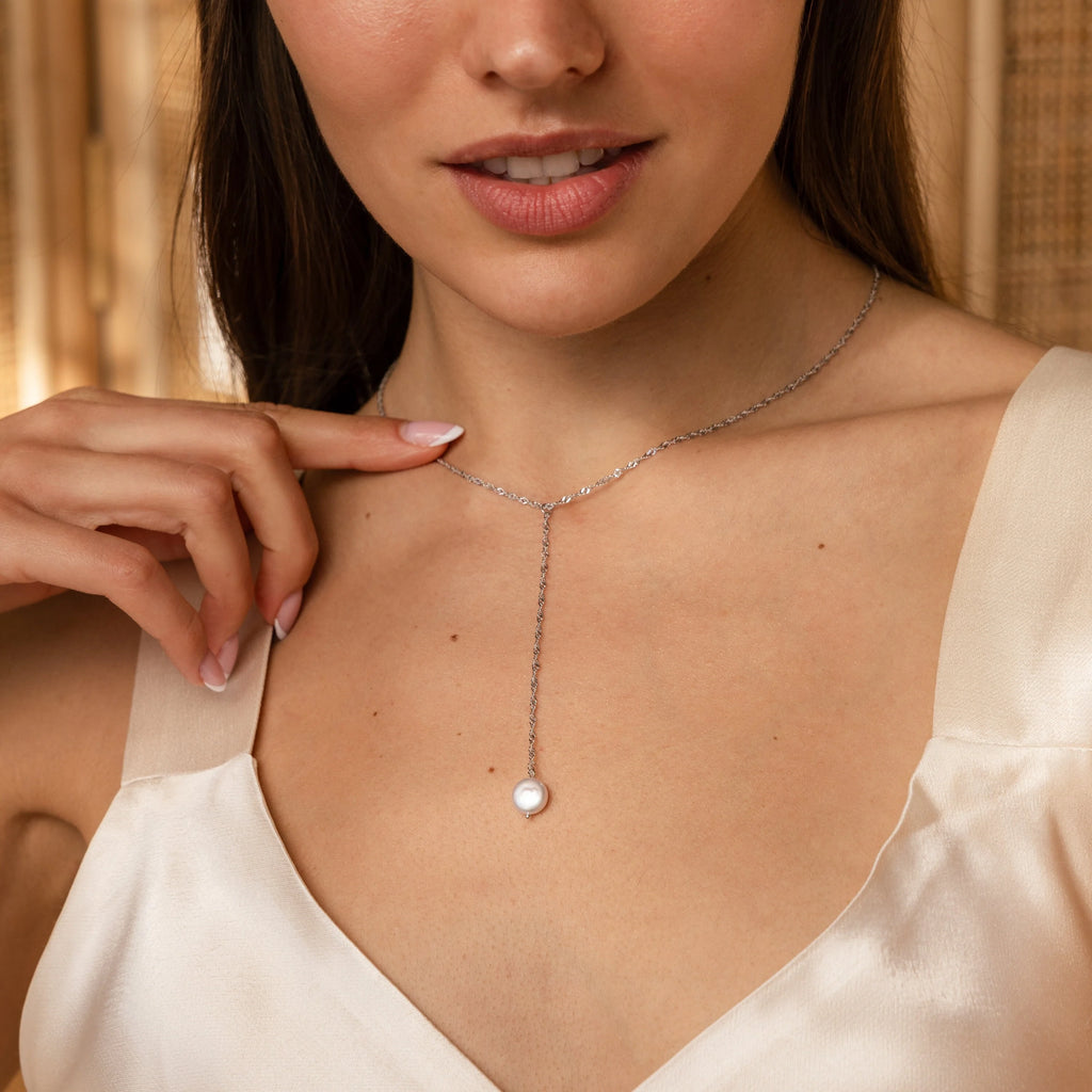 Pearl Lariat Y Necklace Silver 18K Gold Plated