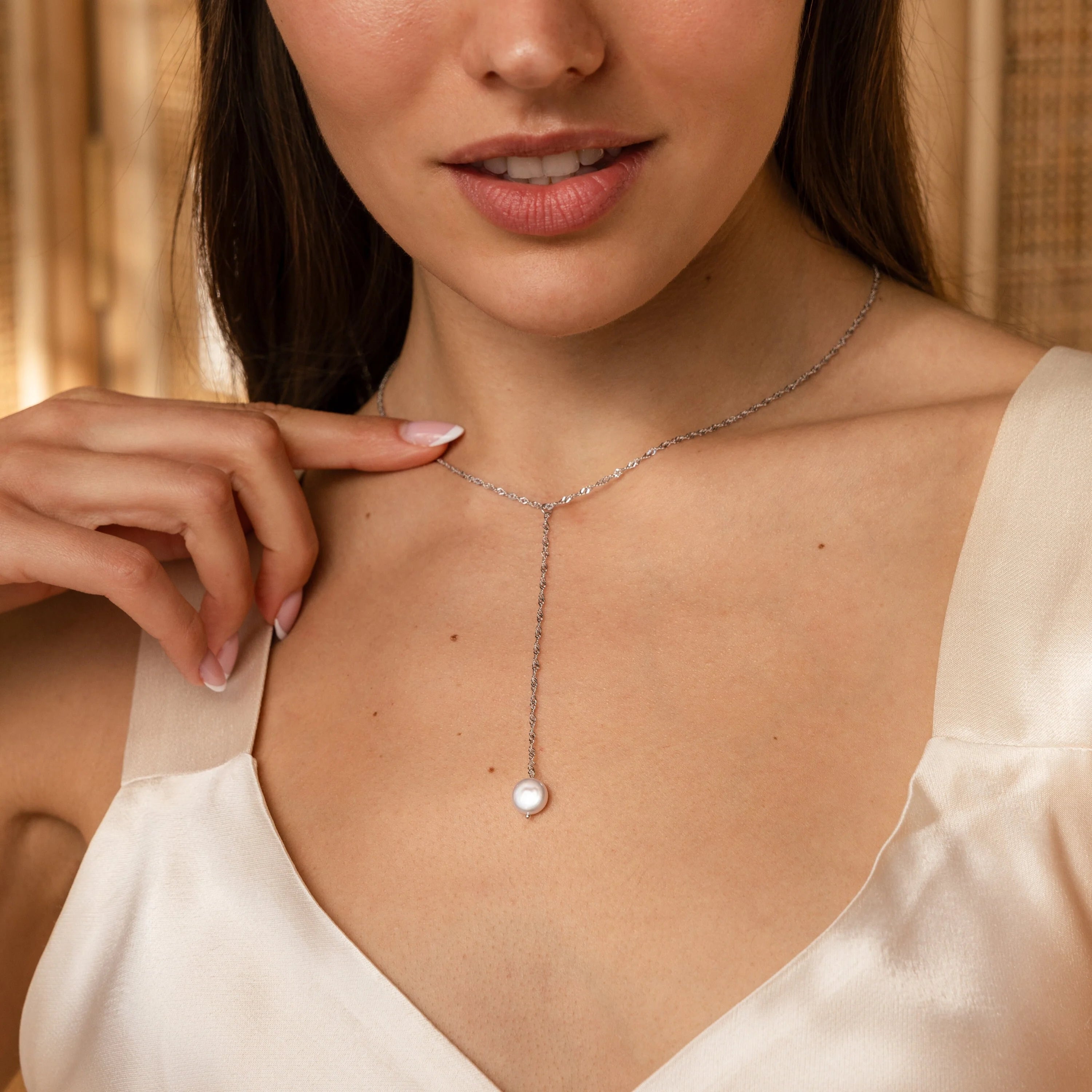 Pearl Lariat Y Necklace Silver 18K Gold Plated