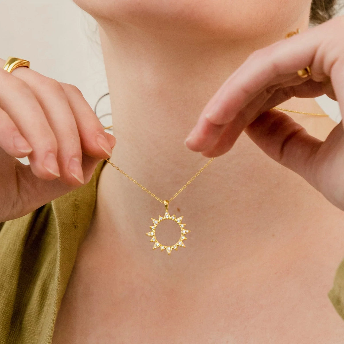 Pave Sun Charm Necklace Silver 18K Gold Plated