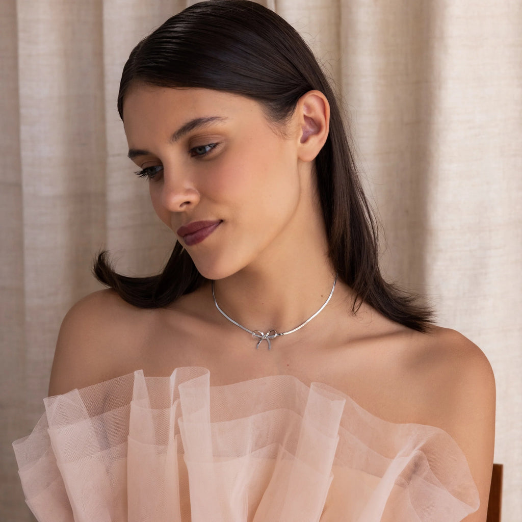 Herringbone Bow Necklace Silver 18K Gold Plated