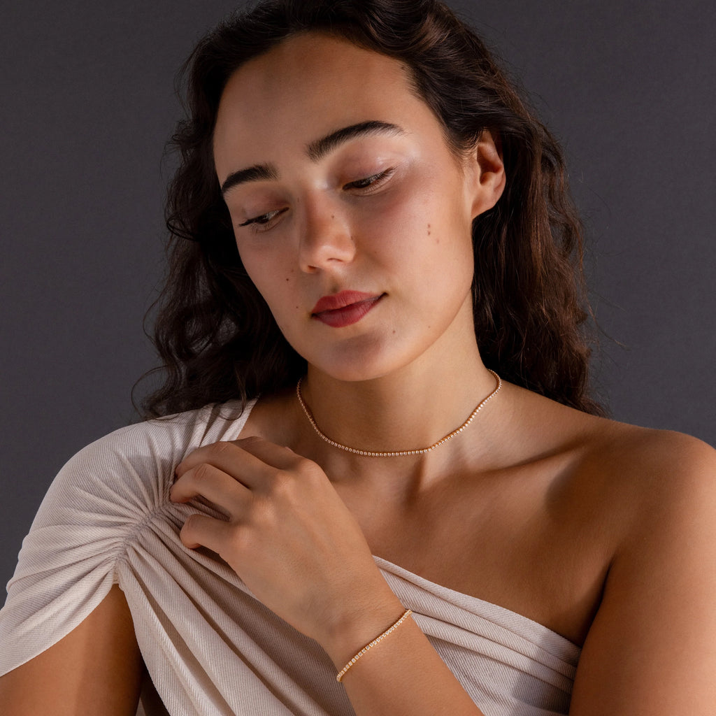 Diamond Tennis Necklace & Bracelet Set Silver 18K Gold Plated