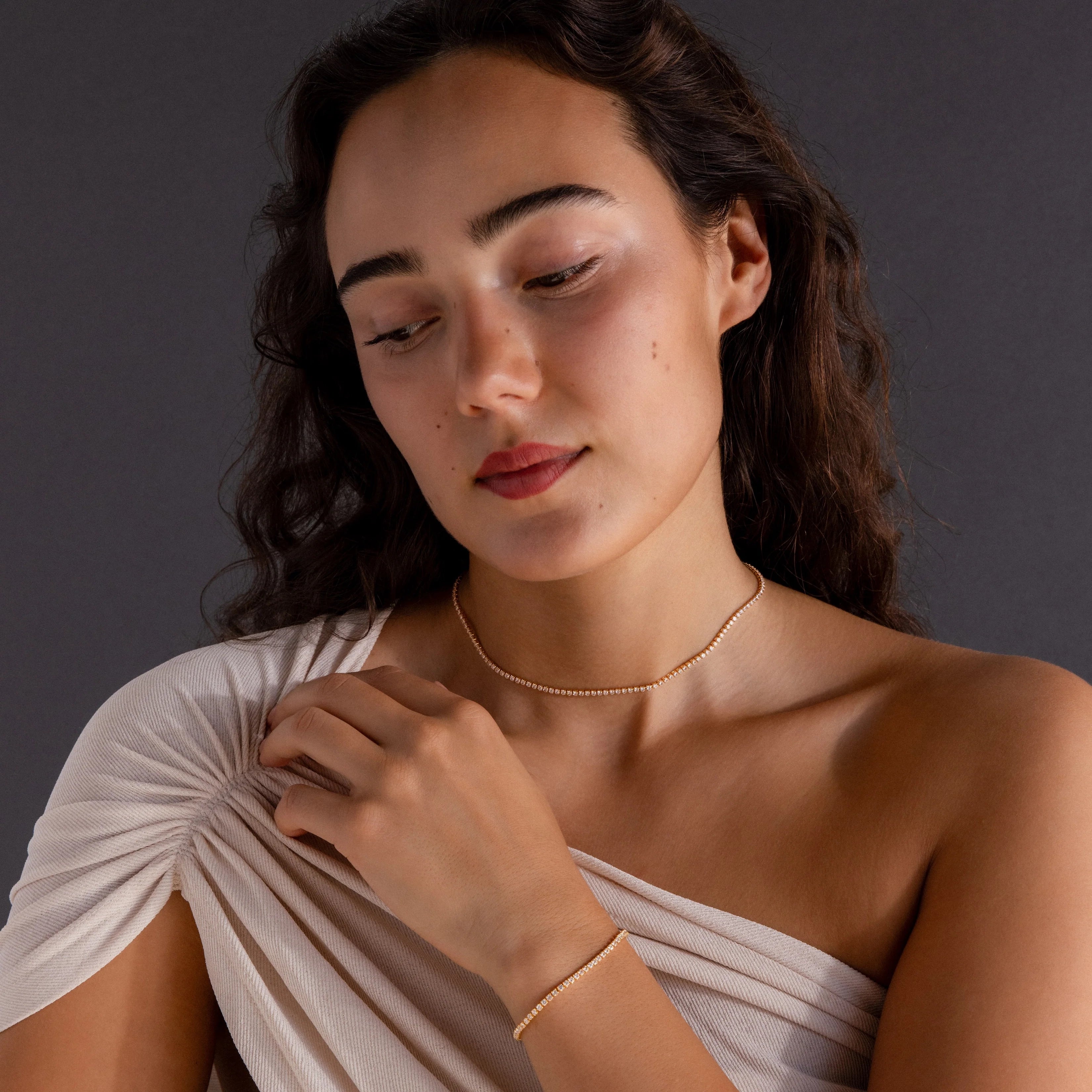 Diamond Tennis Necklace & Bracelet Set Silver 18K Gold Plated
