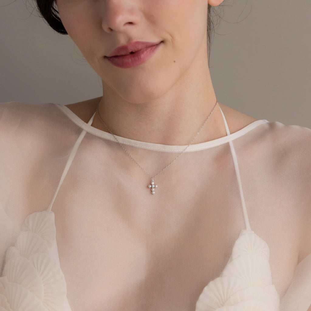 Pearl Cross Pendant  Necklace Silver 18K Gold Plated