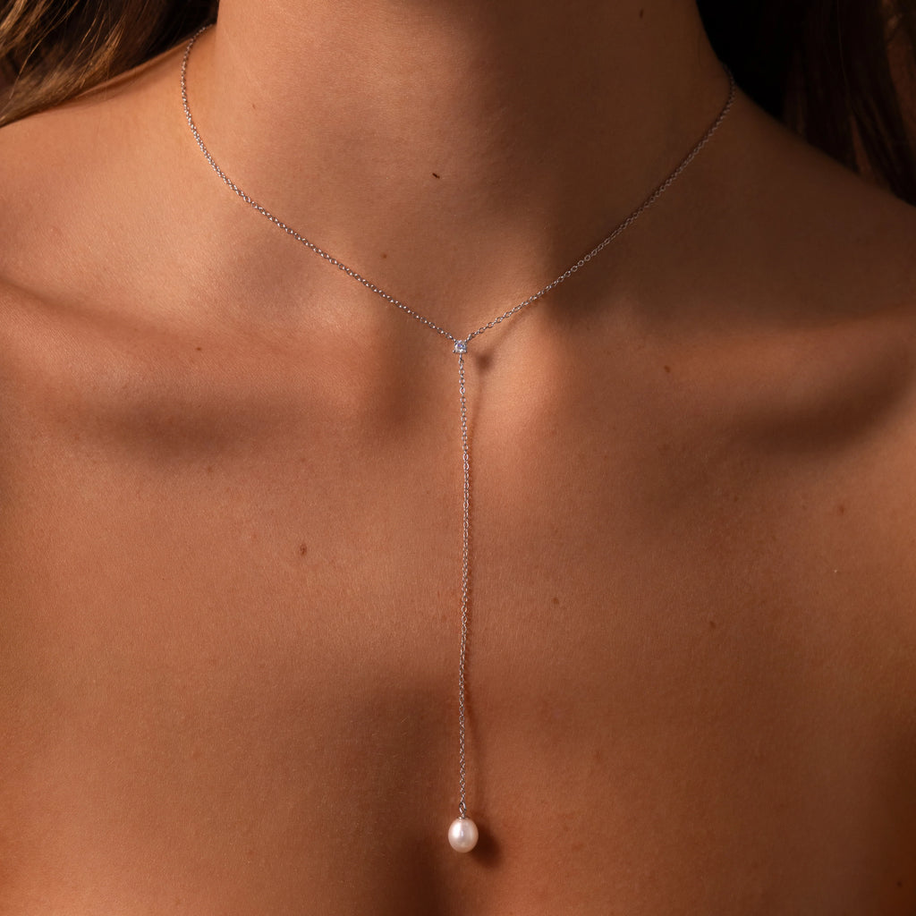 Diamond Pearl Lariat Chain Necklace Silver 18K Gold Plated