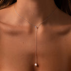 Diamond Pearl Lariat Chain Necklace Silver 18K Gold Plated