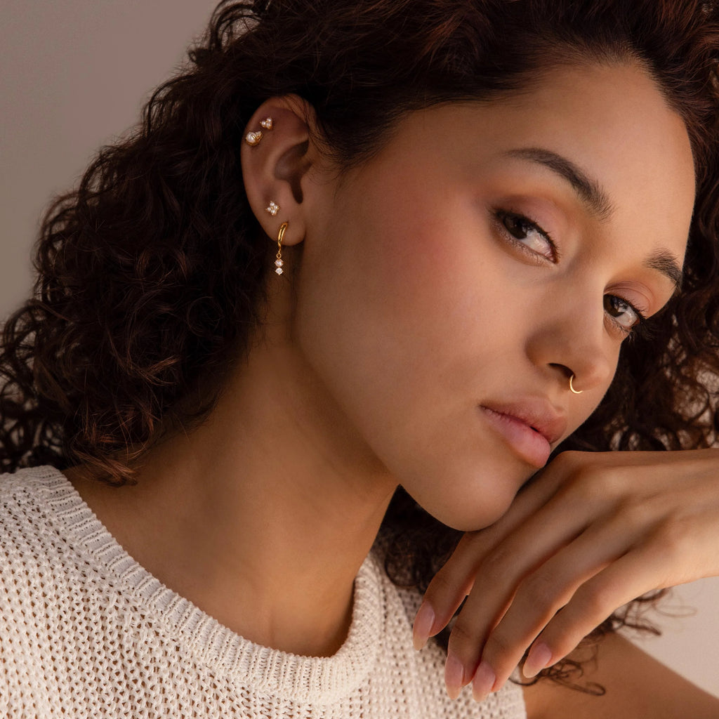 Dangling Pearl Diamond Huggies Silver 18K Gold Plated