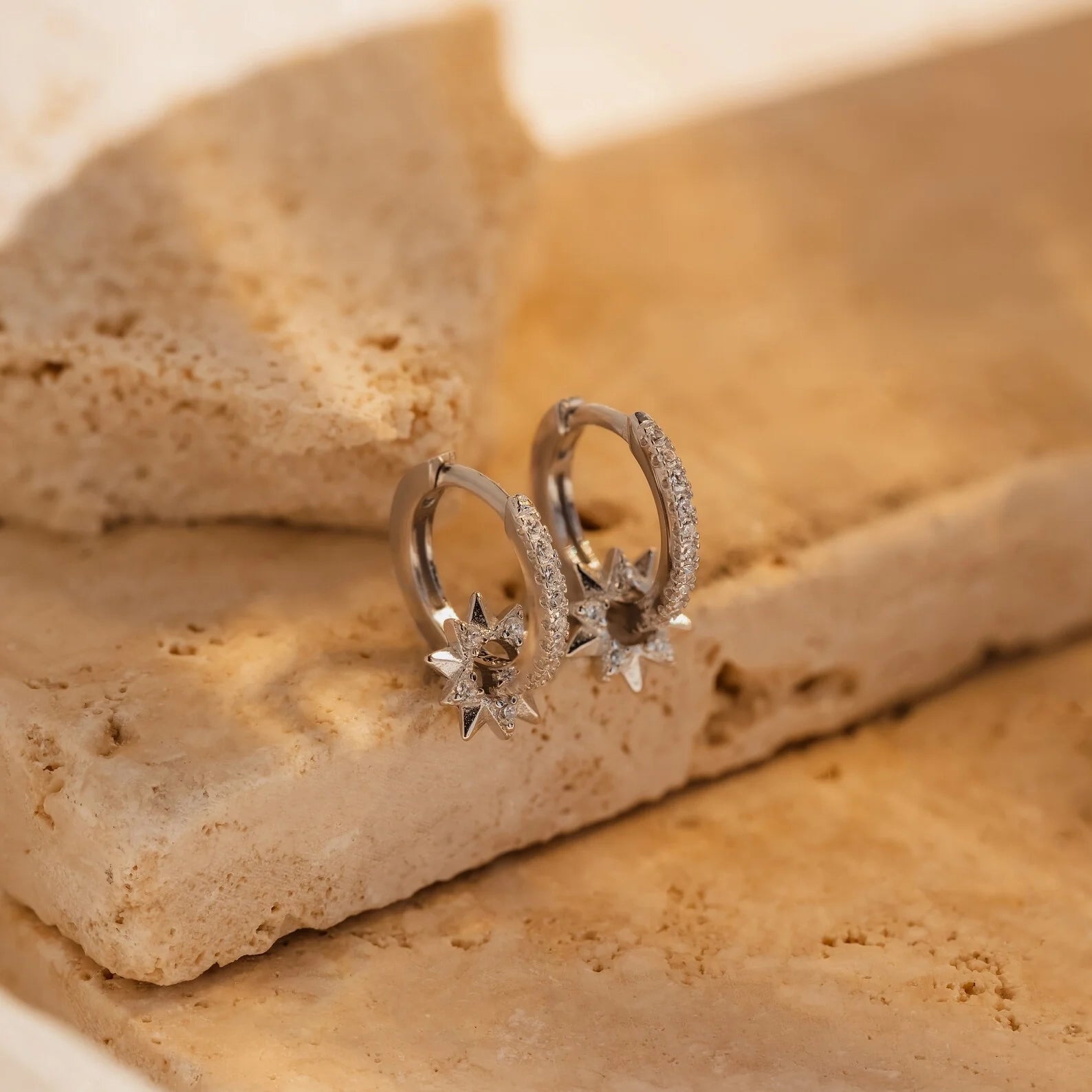 Diamond Pave Sun Charm Huggies Silver 18K Gold Plated