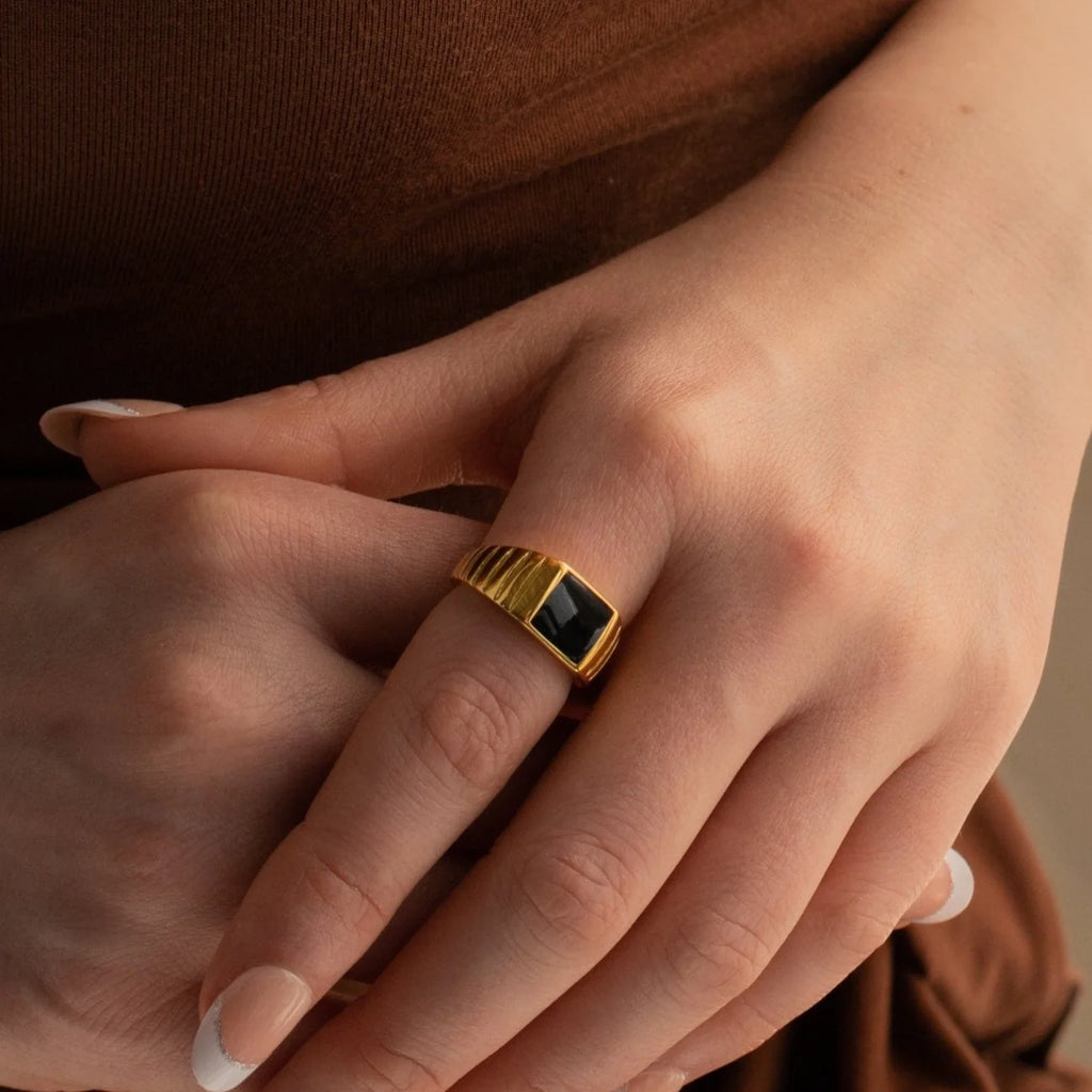 Black Enamel Signet Ring Silver 18K Gold Plated