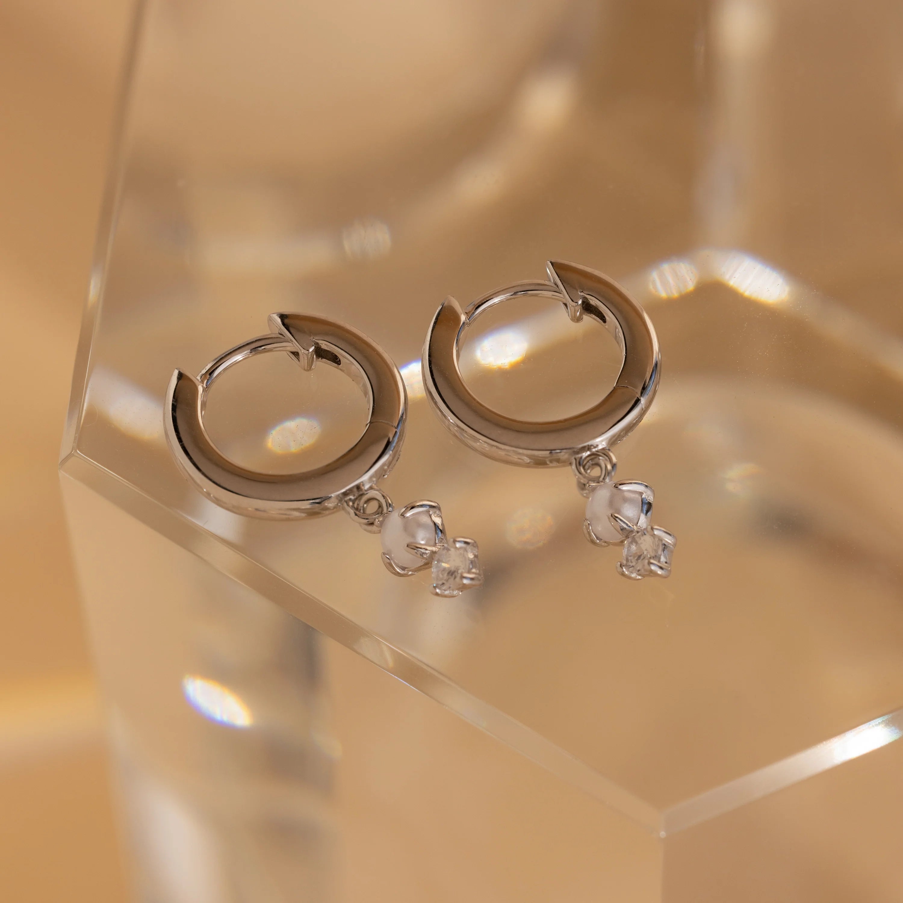 Dangling Pearl Diamond Huggies Silver 18K Gold Plated